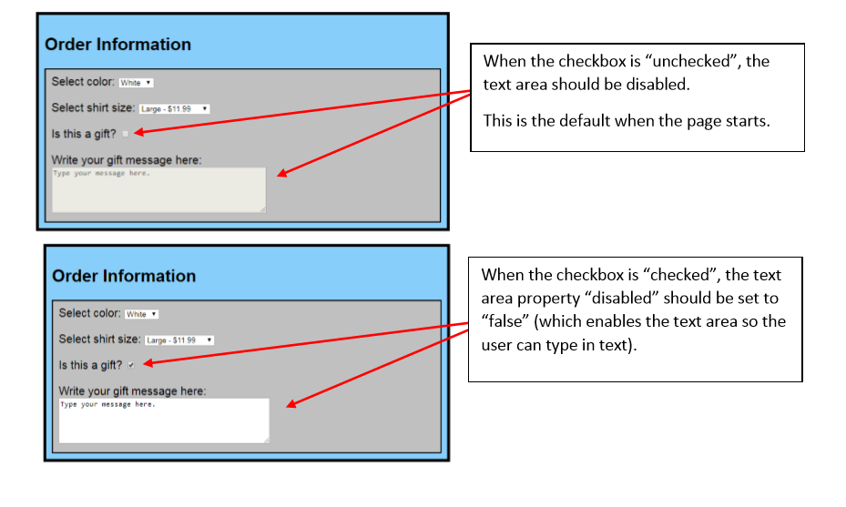  write a JS function that enables or disables the textarea when