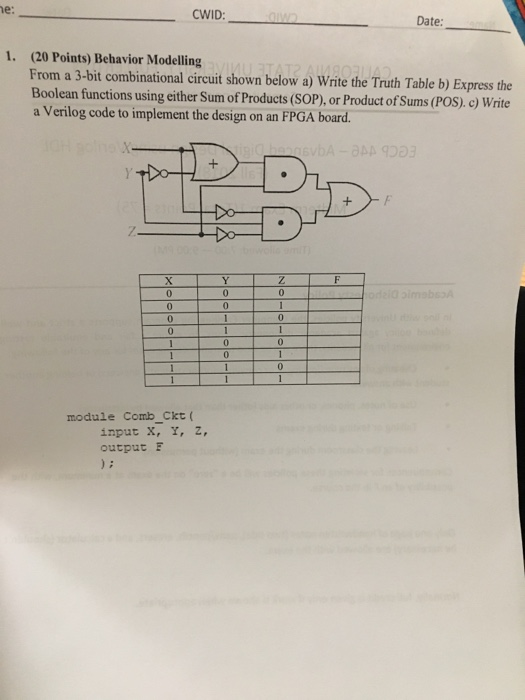  e: CWID: Date: 1. (20 Points) Behavior Modelling From a 3-bit