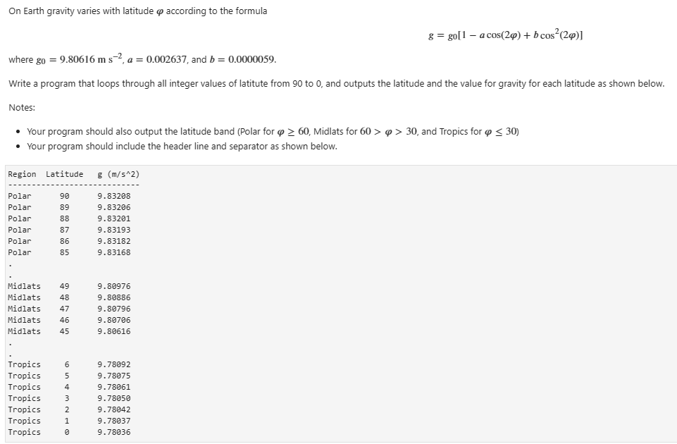 python language On Earth gravity varies with latitude according to the