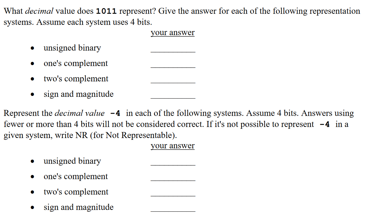  What decimal value does 1011 represent? Give the answer for each