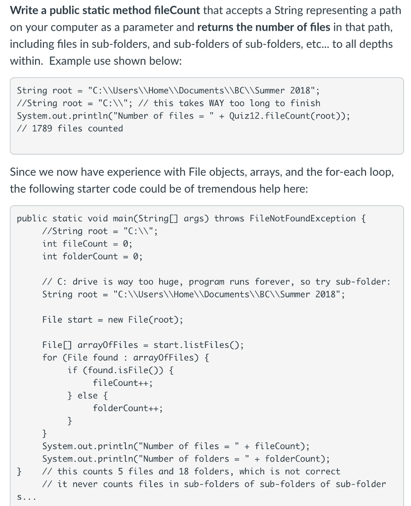  Write a public static method fileCount that accepts a String representing
