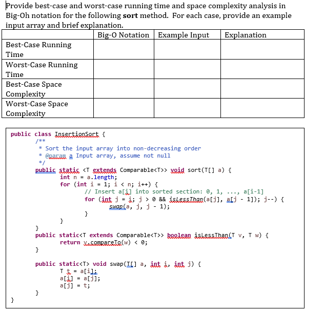 Provide best-case and worst-case running time and space complexity analysis in