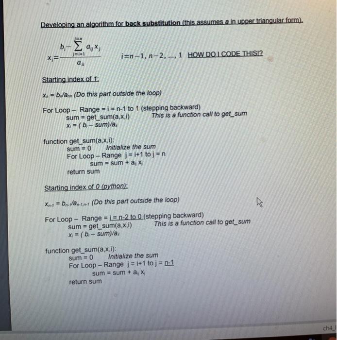 rate SP5 Writ code to perform back substitution. Note use examples from