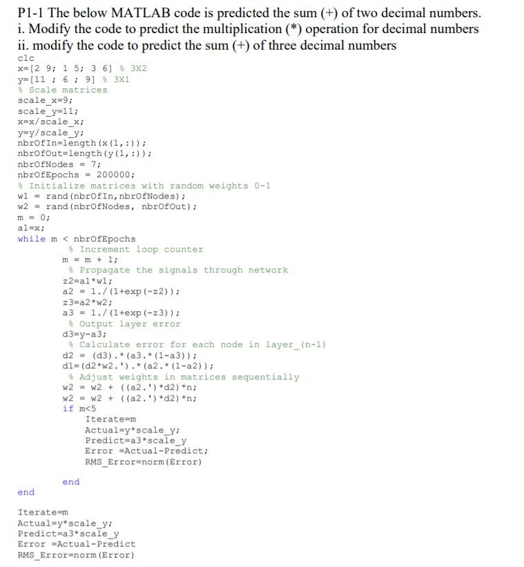  P1-1 The below MATLAB code is predicted the sum (+) of