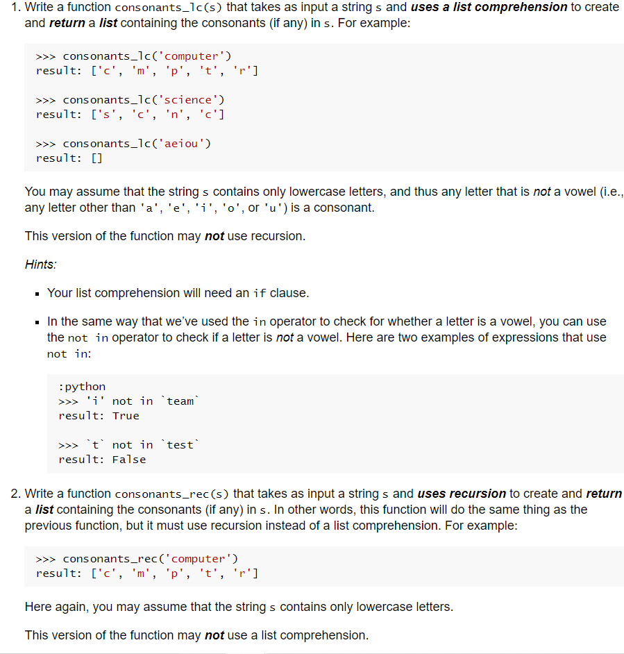  1. Write a function consonants_lc(s) that takes as input a string