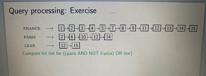  Query processing: Exercise FRANCE 1,23457891112131415 PARIS 26,101214 LEAR 1215 Compute hit
