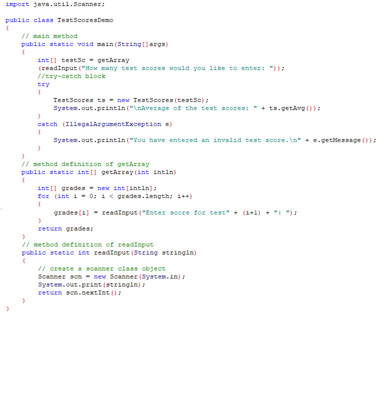 the programing challenge*** TestScores Class Custom Exception Write an exception class named