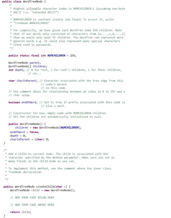  Implement creatChild method in WordTree Class in Java public class WordTreeNode