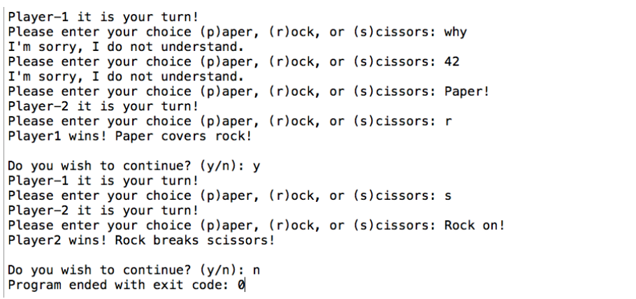 Write a program to score the paper-rock-scissors game AGAIN. Each of two
