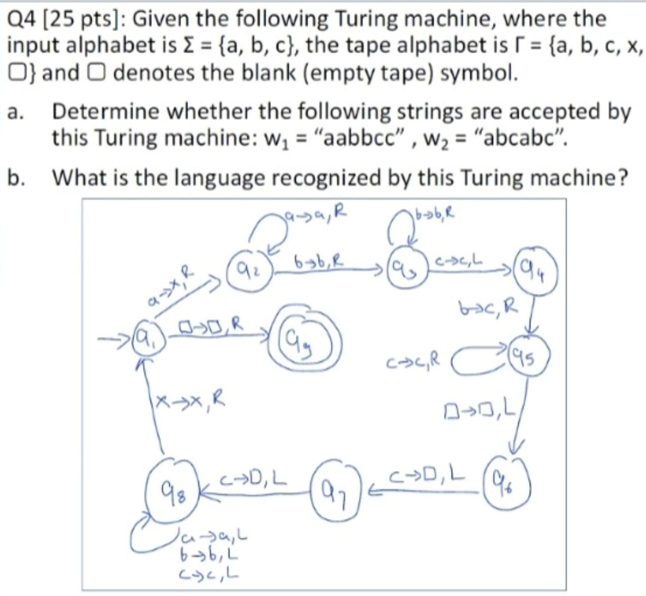  Q4[25 pts]: Given the following Turing machine, where the input alphabet