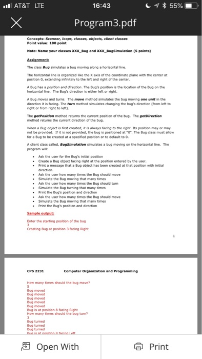  Java problem. Constructors, methods, objects AT&T LTE 16:43 * 55% Program3.pdf