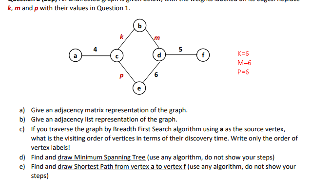 k, m and p with their values in Question 1. k