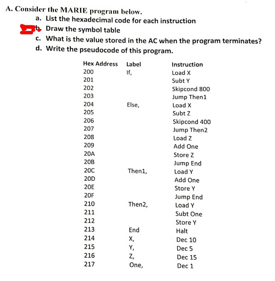  A. Consider the MARIE program below. a. List the hexadecimal code