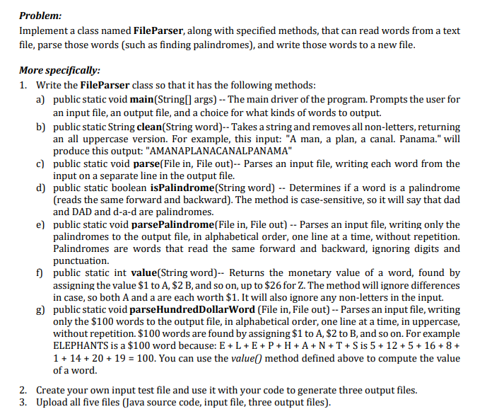  please don't use the BufferedReader Problem: Implement a class named FileParser,