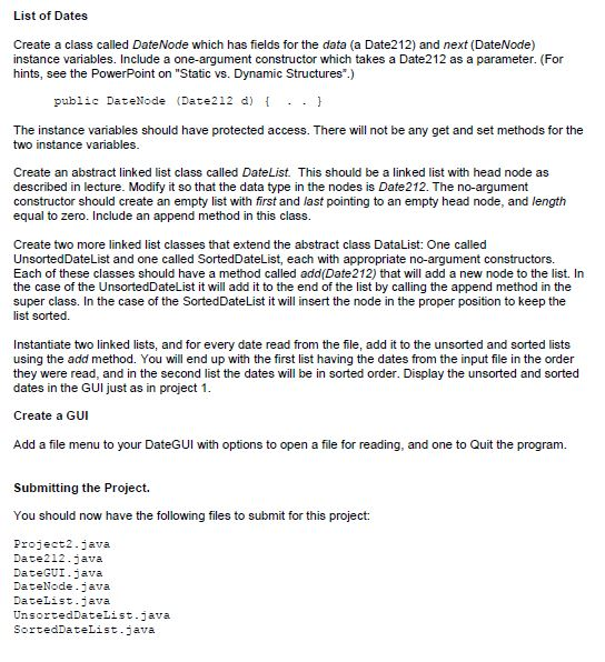 **Need help to get this java project done** List of Dates Create