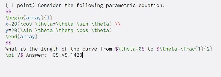 ( 1 point) Consider the following parametric equation. $$ \begin{array}{1} x=20(\cos