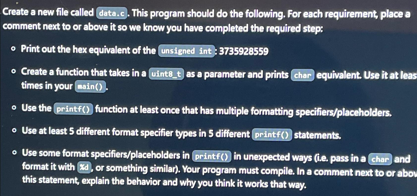  Create a new file called data.c. This program should do the