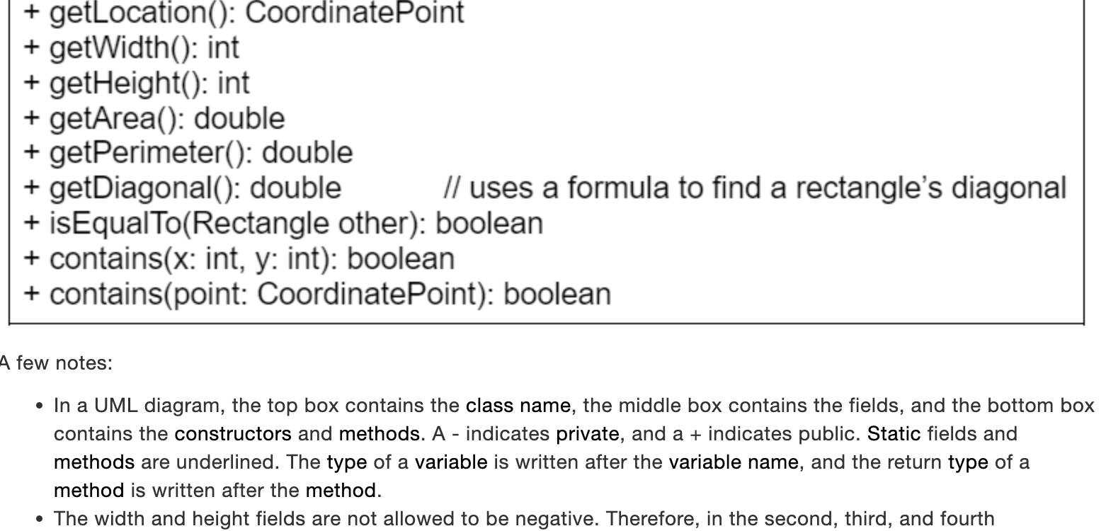 named Rectangle.java) for representing rectangles. Follow this UML diagram and the notes