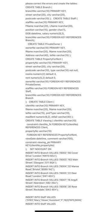pls correcr the sql errors please correct the errors and create the