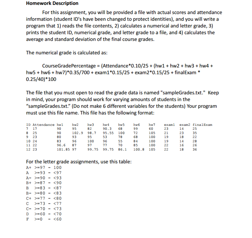 Write a program that 1) reads the file contents, 2) calculates a