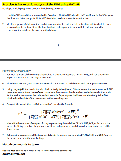  Exercise 3: Parametric analysis of the EMG using MATLAB Develop a