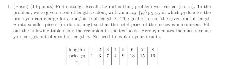 ROD CUTTING ALGORITHM 1. Basic (10 points) Rod cutting. Recall the