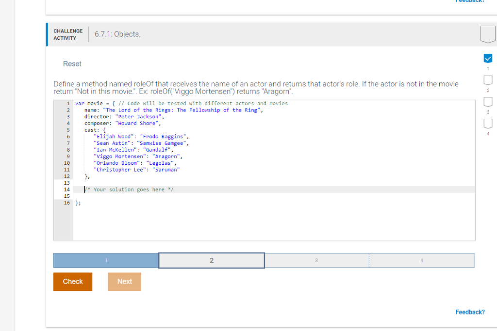 JavaScript code CHALLENGE6.7.1: Objects ACTIVITY Reset Define a method named roleOf that