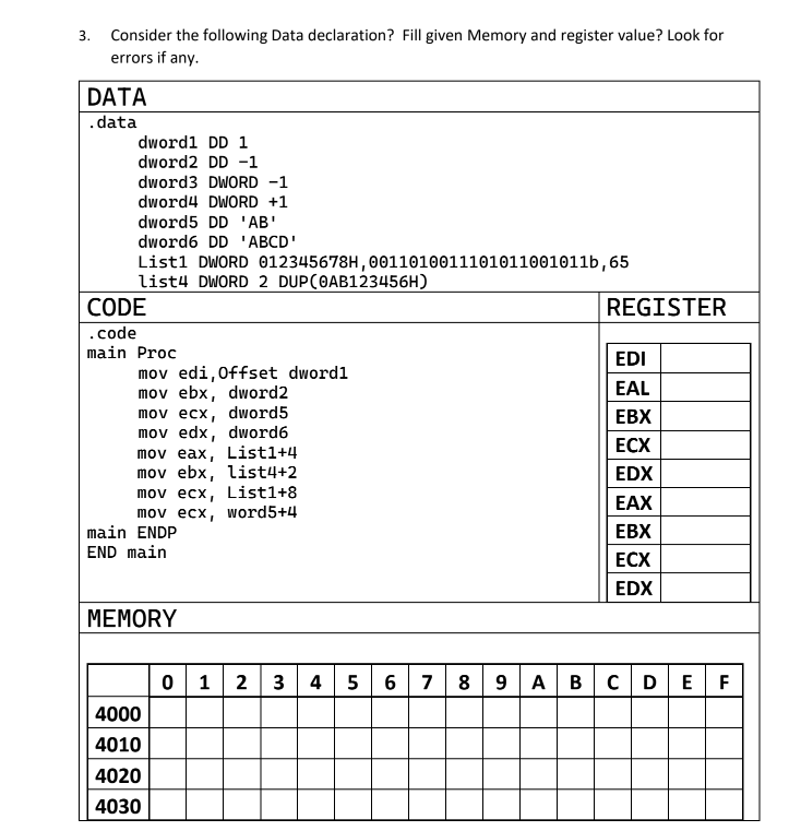  Consider the following Data declaration? Fill given Memory and register value?