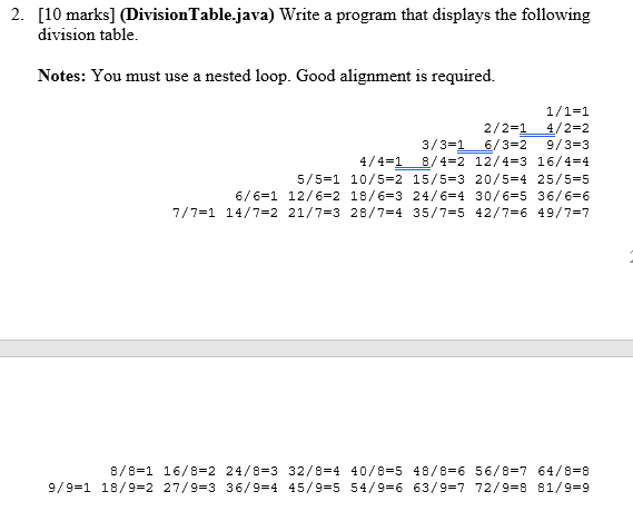  2. [10 marks] (Division Table.java) Write a program that displays the