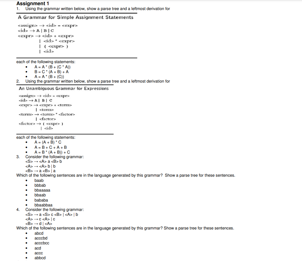  Assignment 1 1. Using the grammar written below, show a parse