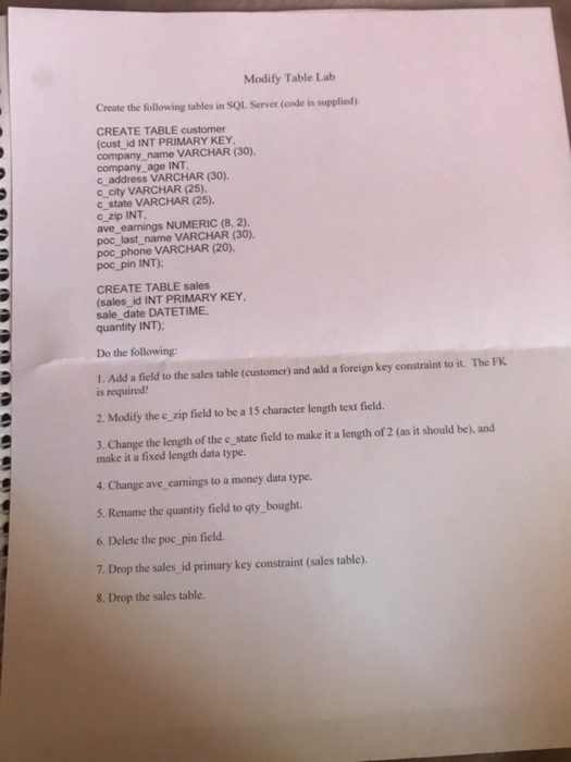 Modify Table Lab Create the following tables in SQL Server (code