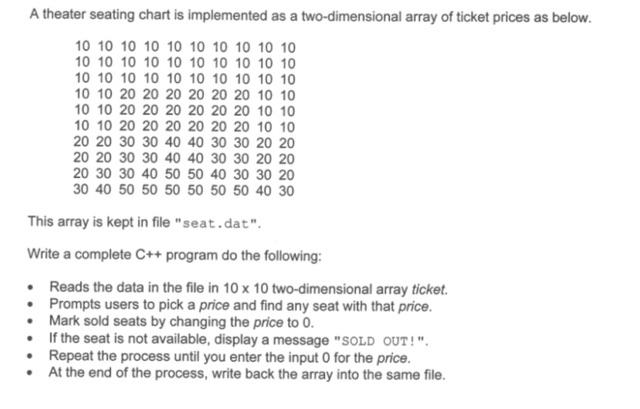  A theater seating chart is implemented as a two-dimensional array of