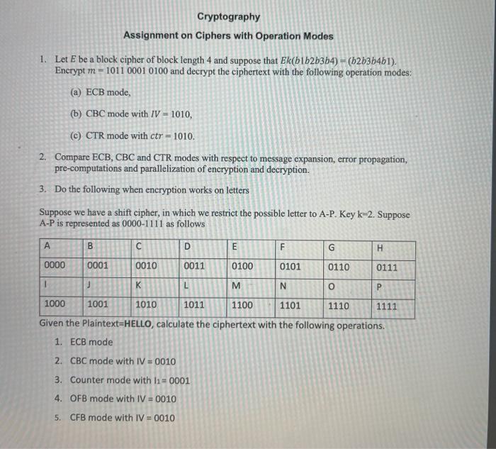  Cryptography Assignment on Ciphers with Operation Modes 1. Let E be