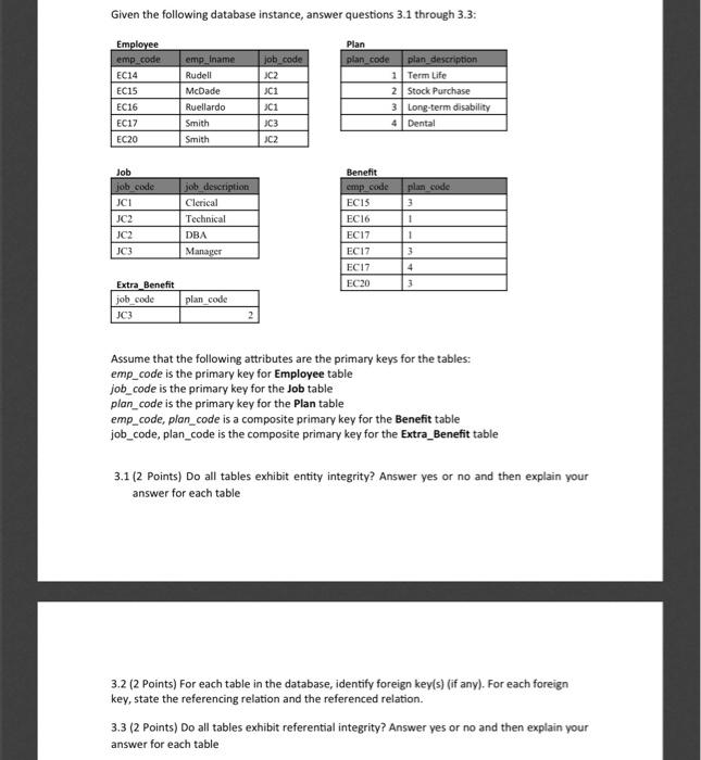 Given the following database instance, answer questions 3.1 through 3.3: Employee