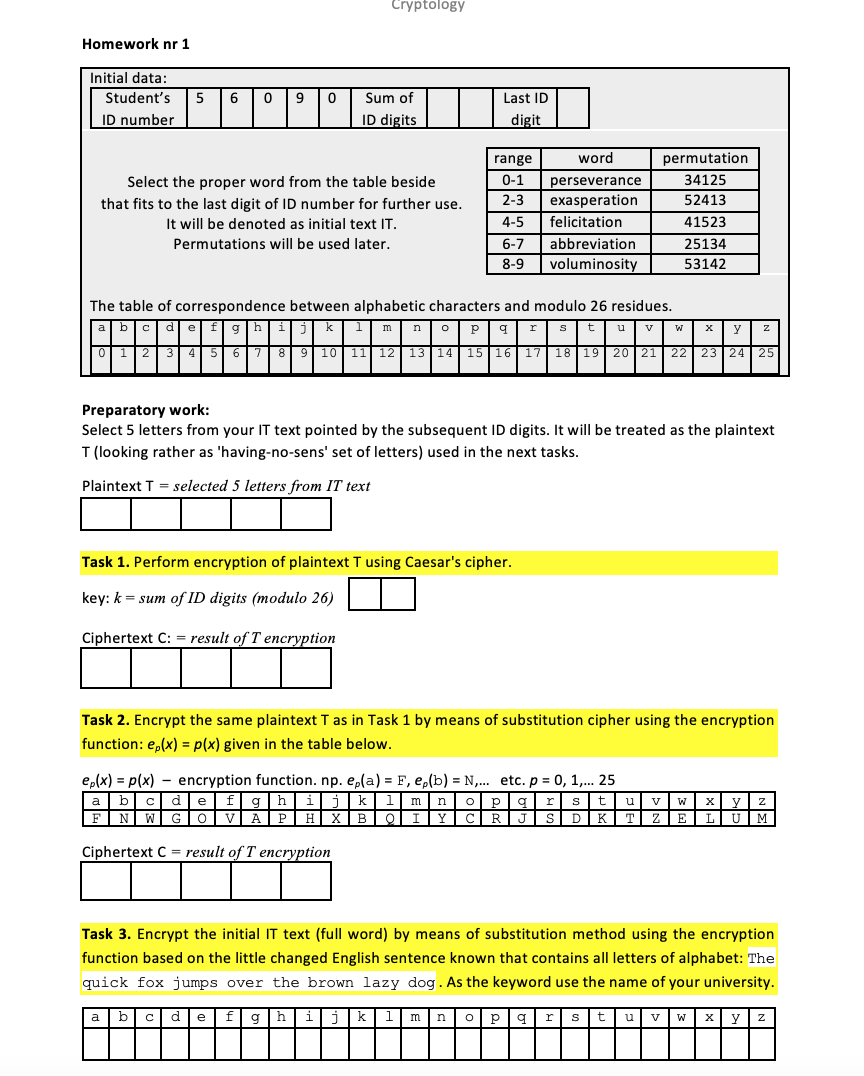 Cryptology Homework nr 1 Initial data: Student's ID number 0 9