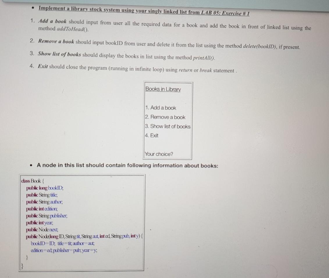 Implement a library stock system using your singly linked list from