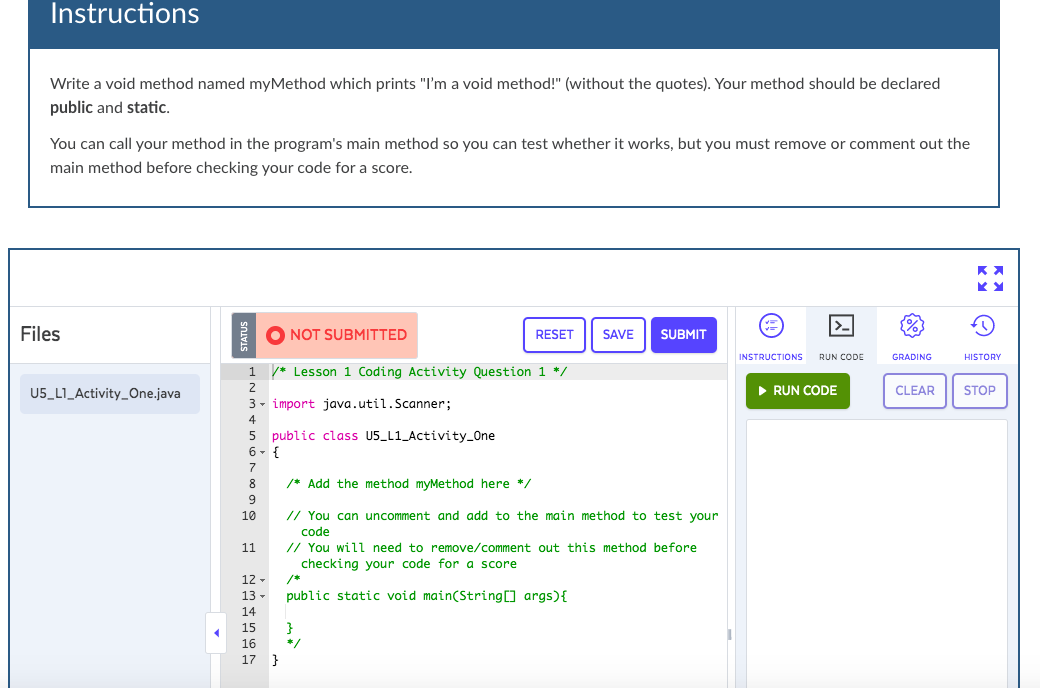 this is Java Write a void method named myMethod which prints "I'm