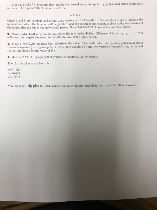  1. Make a MATLAB program that graphs the second order interpolating