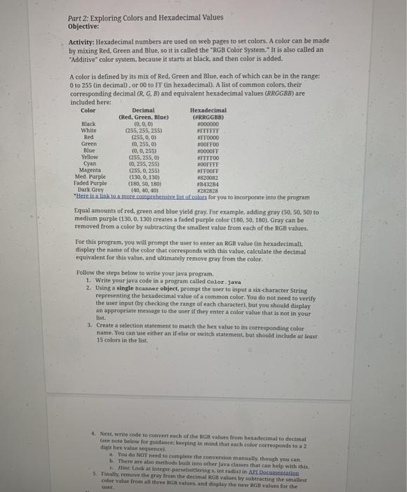 java Part 2: Exploring Colors and Hexadecimal Values Objective: Activity: Hexadecimal numbers