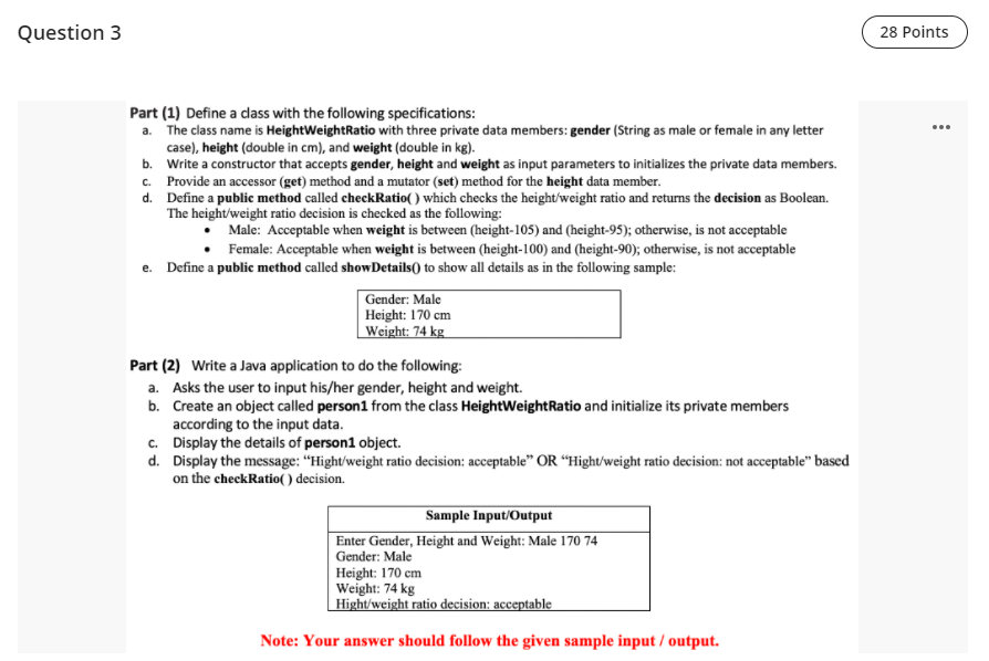 USE JAVA PLEASE Question 3 28 Points Part (1) Define a class