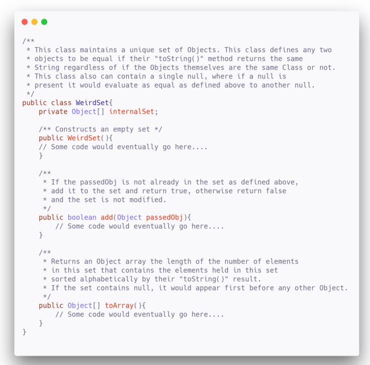 Using the interface description below for the weirdSet class, apply ISP and