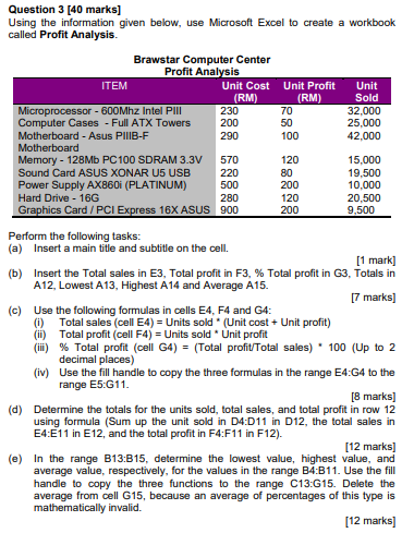  Help me solve this Question 3 [40 marks) Using the information