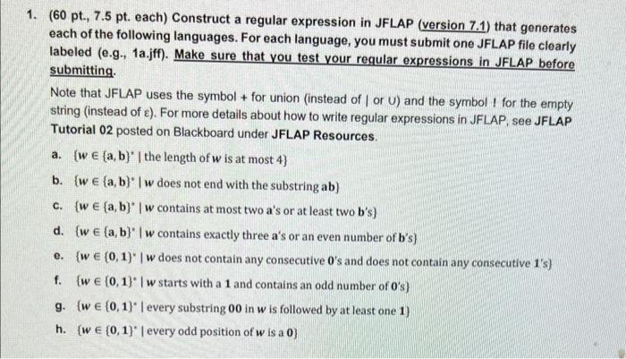  1. (60 pt., 7.5 pt. each) Construct a regular expression in