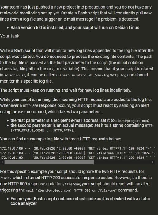 create a \"Bash\" script. Your team has just pushed a new project