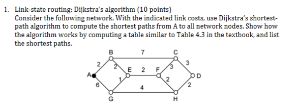  1. Link-state routing: Dijkstra's algorithm (10 points) Consider the following network.