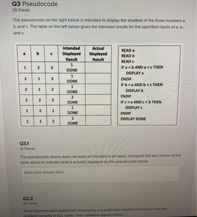  Q3 Pseudocode 35 Points The pseudocode on the right below is