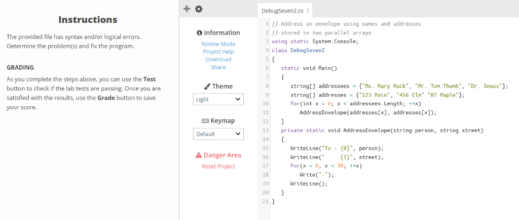  + a DebugSeven2.cs Instructions 1/I Address an envelope using names and