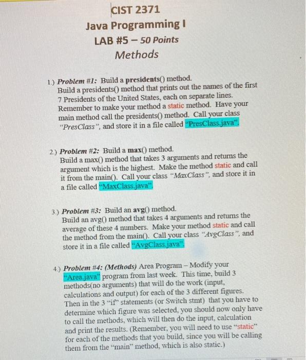 Please help! CIST 2371 Java Programming ! LAB #5 - 50 Points