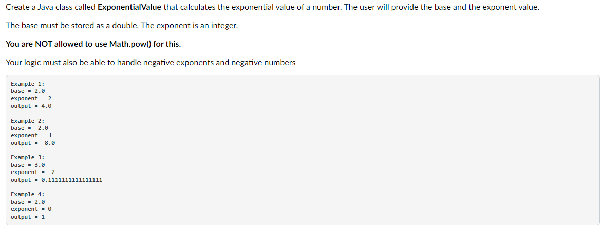 Create a Java class called ExponentialValue that calculates the exponential value