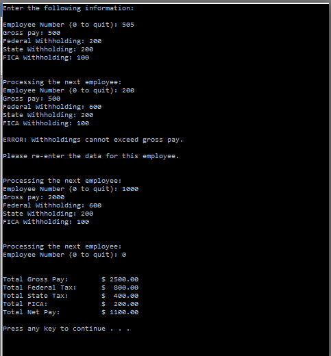 the program should ask the user for the employee number, gross pay,